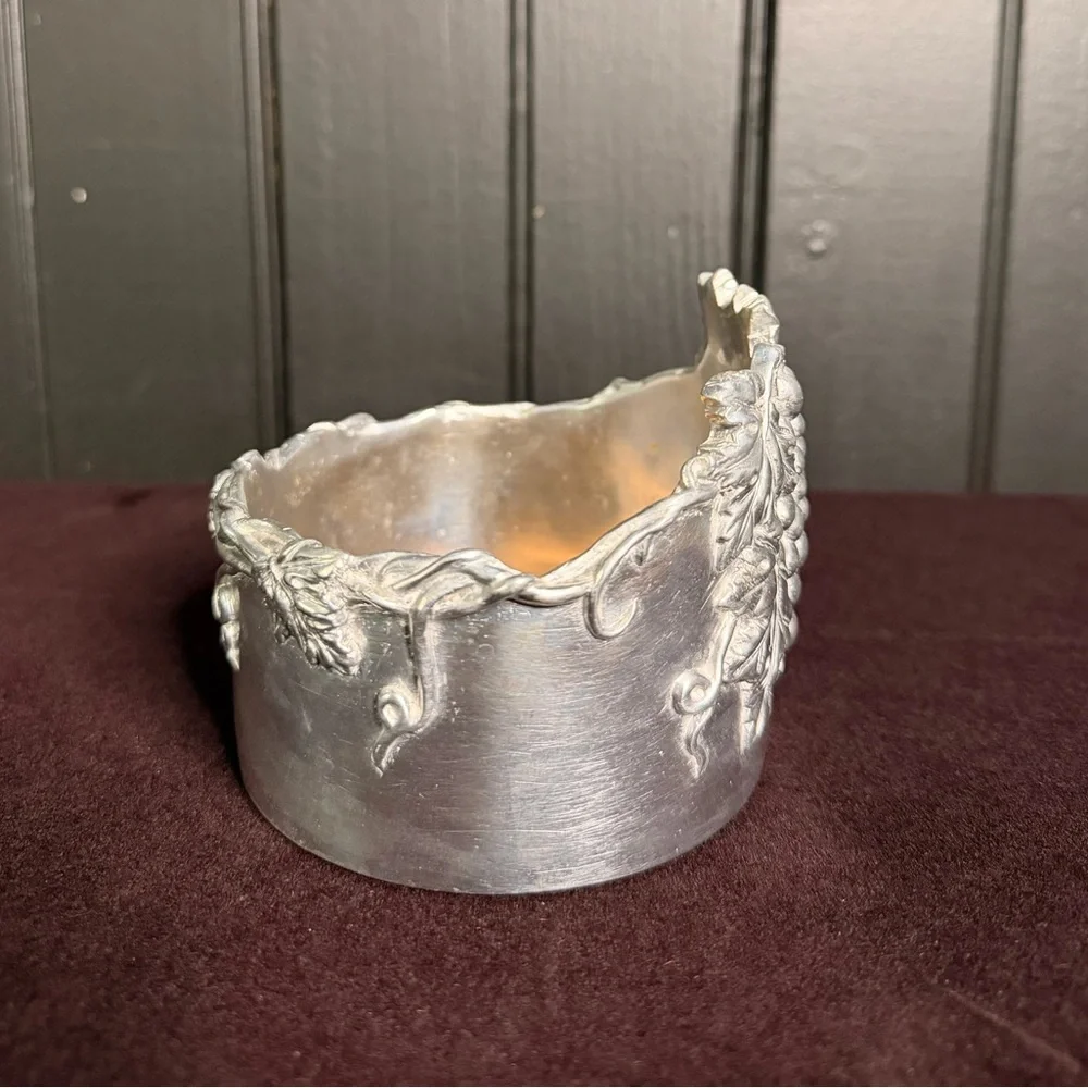 Vintage Ornate Silver Cuff with Leaf and Berry Wine Bottle Coaster